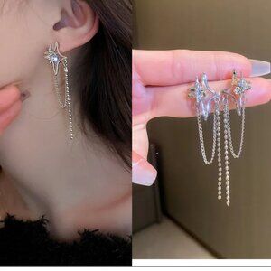 3/$35 Zirconia Star Tassel Chain Silver Tone Drop Dangle Earrings Women